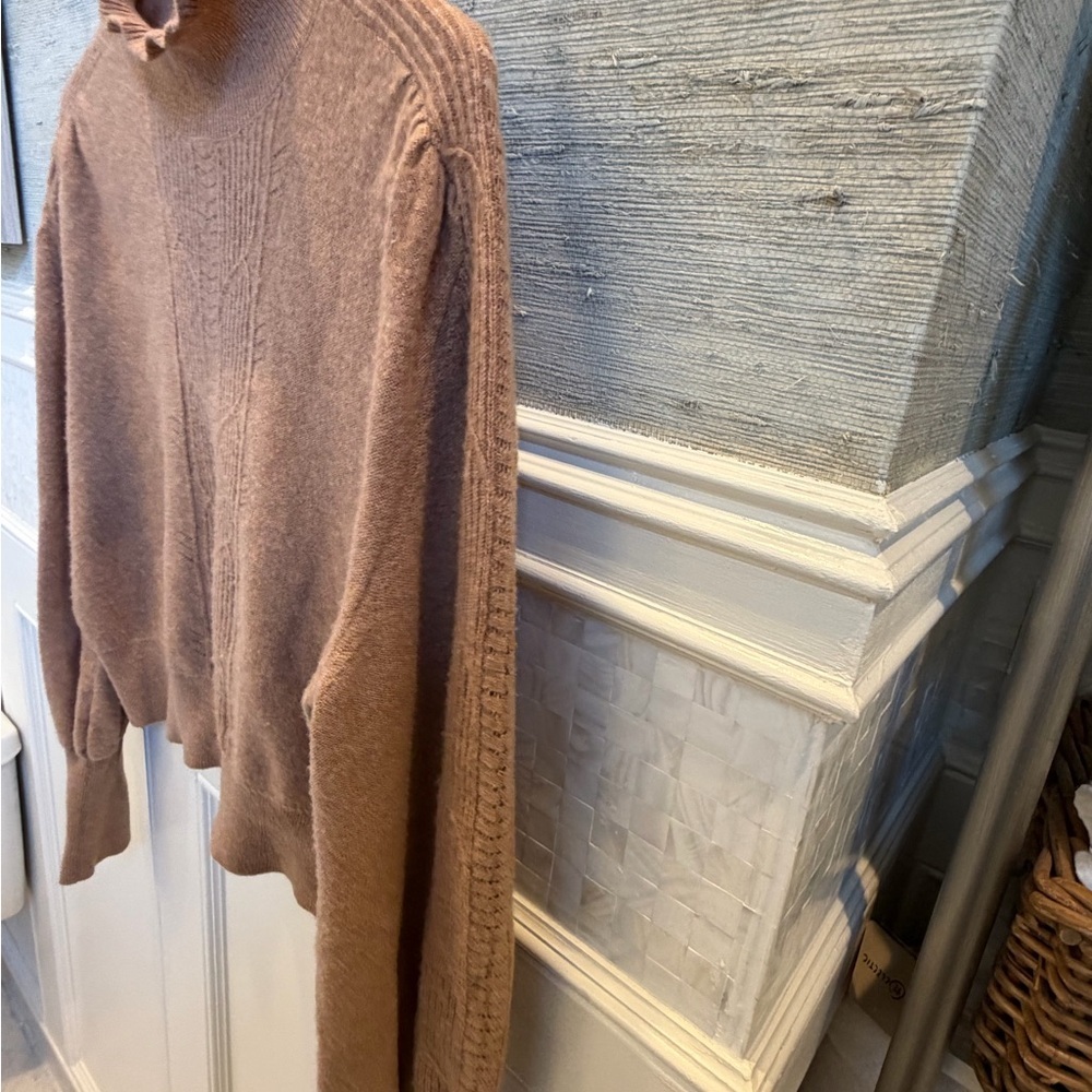 Small Anthropologie cashmere ruffle sweater mock neck cable knit honey tan - Picture 8 of 16
